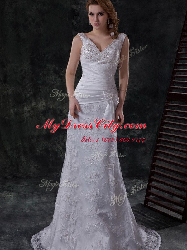 White Sleeveless Brush Train Beading and Lace and Appliques and Ruching and Bowknot Wedding Gowns