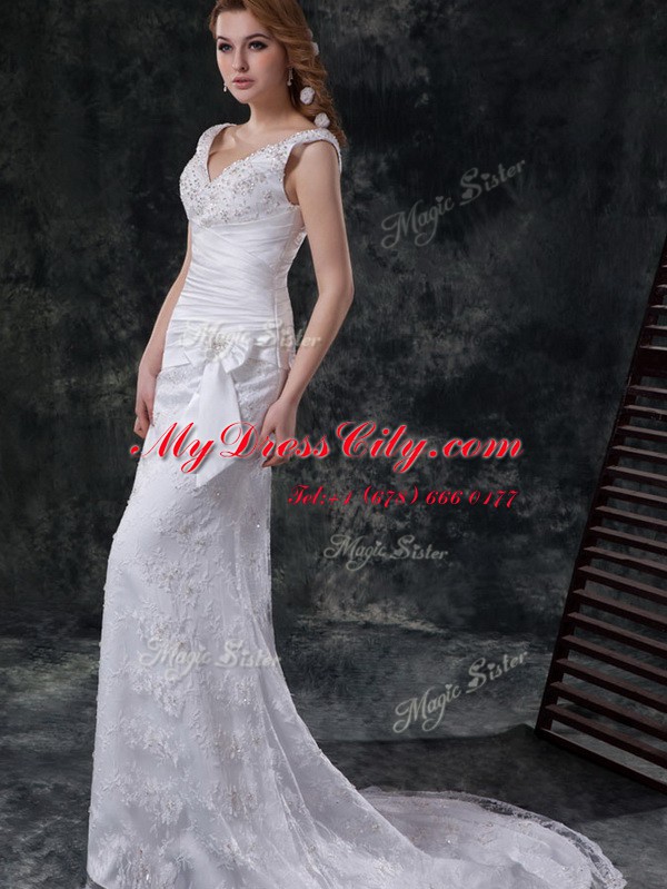 White Sleeveless Brush Train Beading and Lace and Appliques and Ruching and Bowknot Wedding Gowns