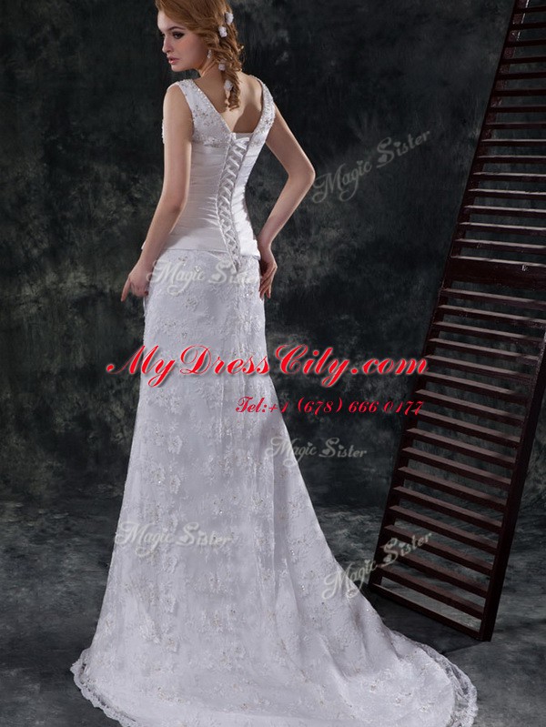 White Sleeveless Brush Train Beading and Lace and Appliques and Ruching and Bowknot Wedding Gowns