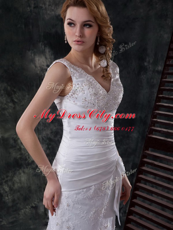 White Sleeveless Brush Train Beading and Lace and Appliques and Ruching and Bowknot Wedding Gowns