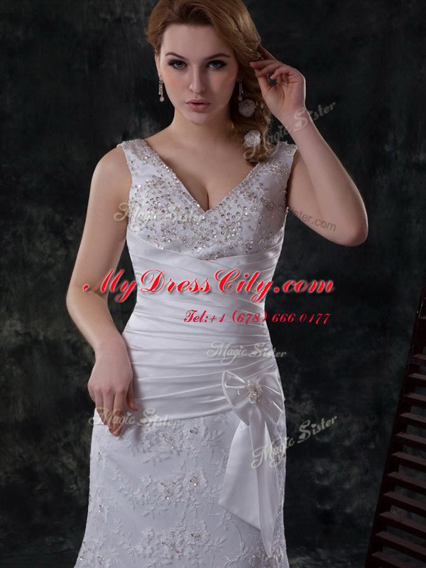 White Sleeveless Brush Train Beading and Lace and Appliques and Ruching and Bowknot Wedding Gowns