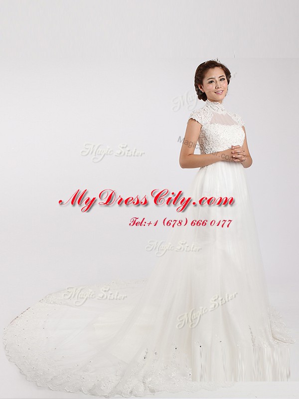 White Wedding Gowns Wedding Party and For with Lace High-neck Short Sleeves Chapel Train Clasp Handle