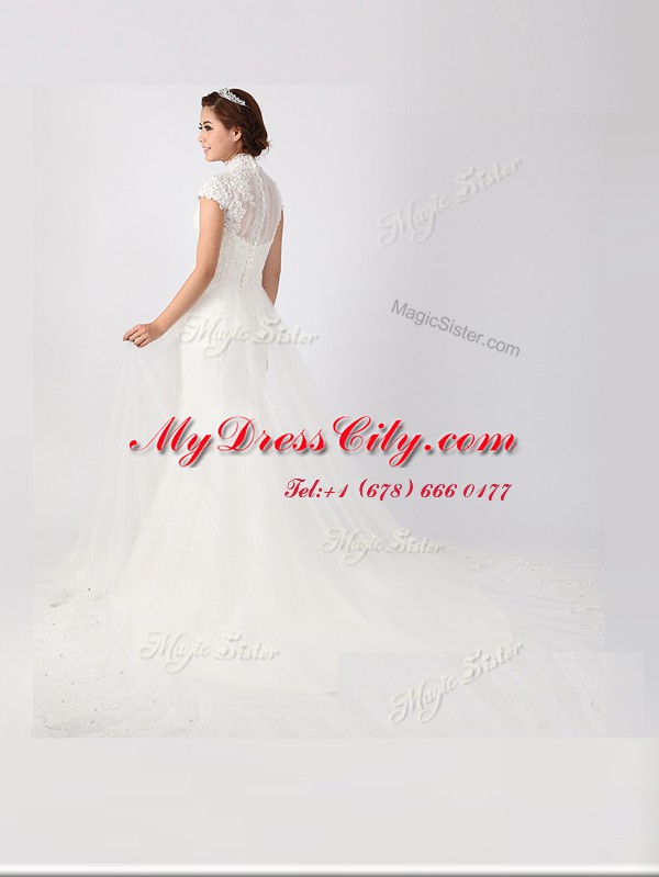 White Wedding Gowns Wedding Party and For with Lace High-neck Short Sleeves Chapel Train Clasp Handle