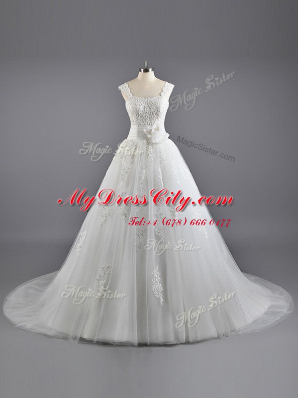 Tulle and Lace Straps Sleeveless Court Train Lace Up Lace Wedding Dresses in White