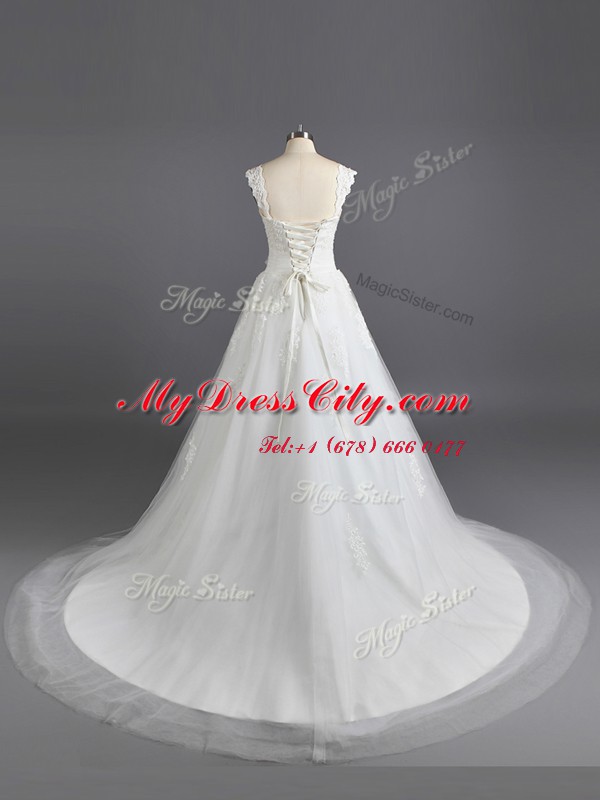 Tulle and Lace Straps Sleeveless Court Train Lace Up Lace Wedding Dresses in White