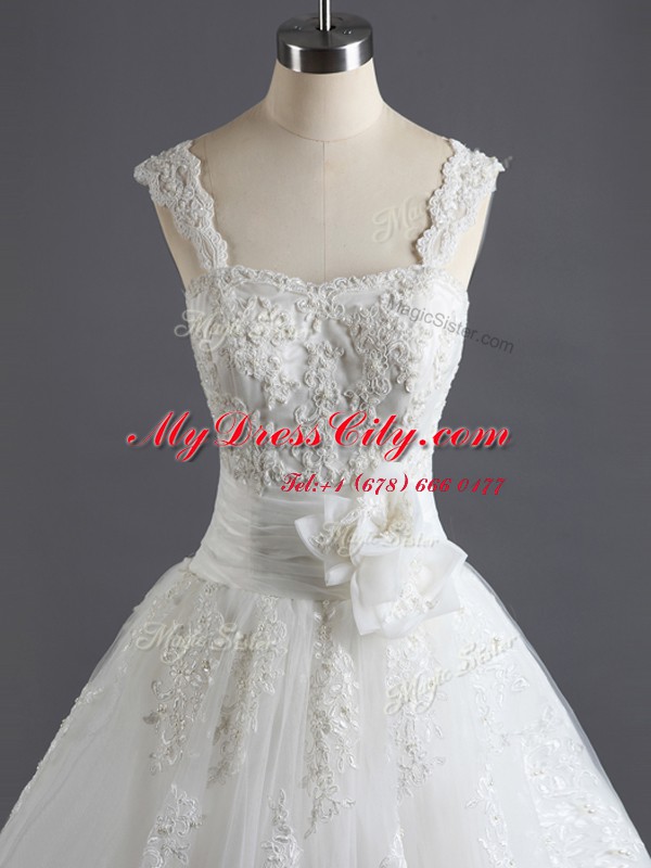 Tulle and Lace Straps Sleeveless Court Train Lace Up Lace Wedding Dresses in White