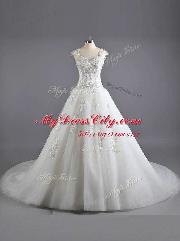 Dazzling White Straps Neckline Lace and Appliques Wedding Gowns Cap Sleeves Lace Up