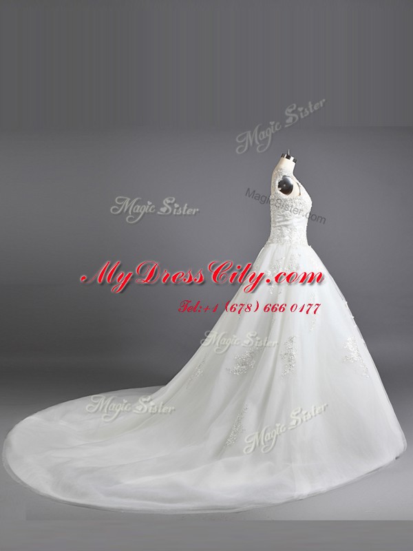 Dazzling White Straps Neckline Lace and Appliques Wedding Gowns Cap Sleeves Lace Up