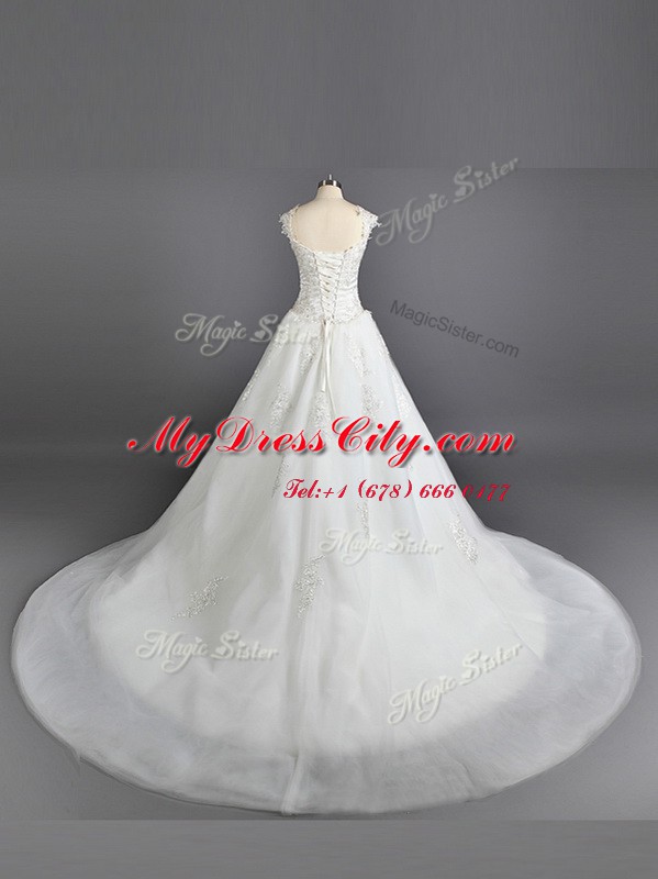 Dazzling White Straps Neckline Lace and Appliques Wedding Gowns Cap Sleeves Lace Up