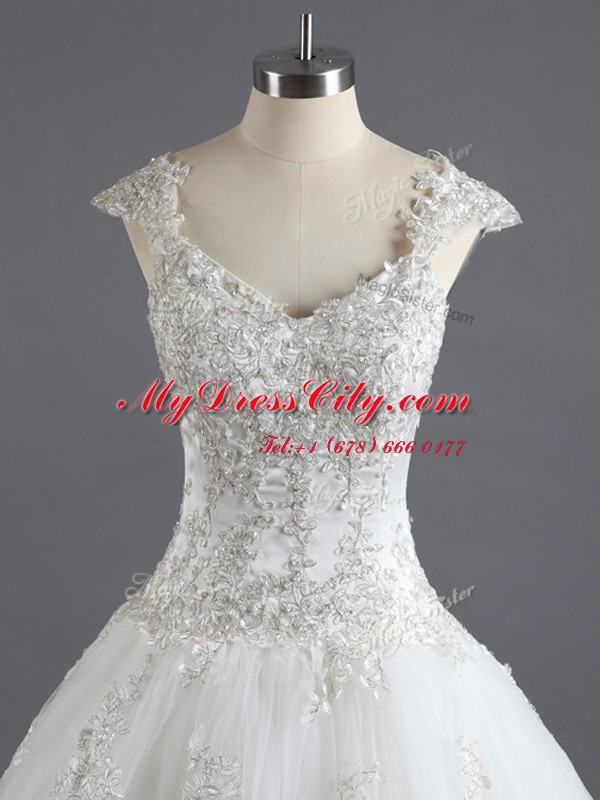 Dazzling White Straps Neckline Lace and Appliques Wedding Gowns Cap Sleeves Lace Up