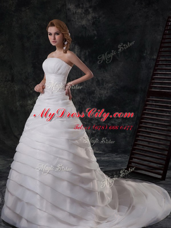 Ruffled With Train White Bridal Gown Strapless Sleeveless Brush Train Lace Up