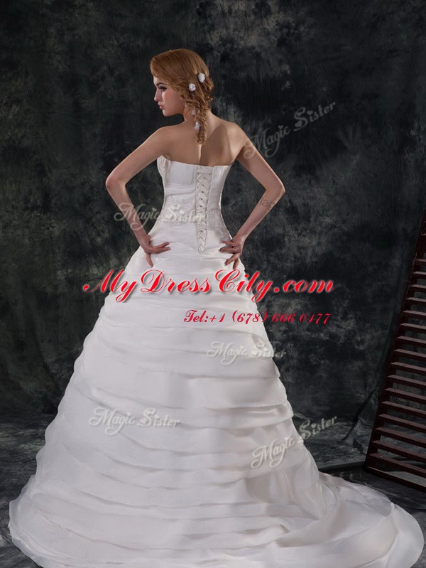 Ruffled With Train White Bridal Gown Strapless Sleeveless Brush Train Lace Up