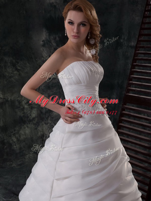 Ruffled With Train White Bridal Gown Strapless Sleeveless Brush Train Lace Up