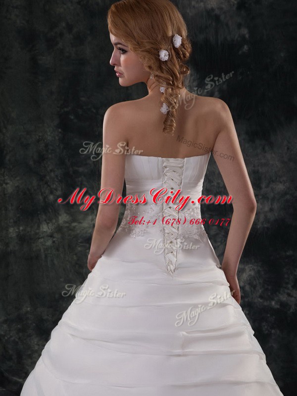 Ruffled With Train White Bridal Gown Strapless Sleeveless Brush Train Lace Up