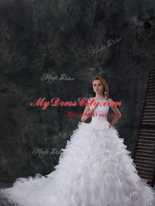 Chapel Train Ball Gowns Bridal Gown White Scoop Organza Sleeveless Lace Up