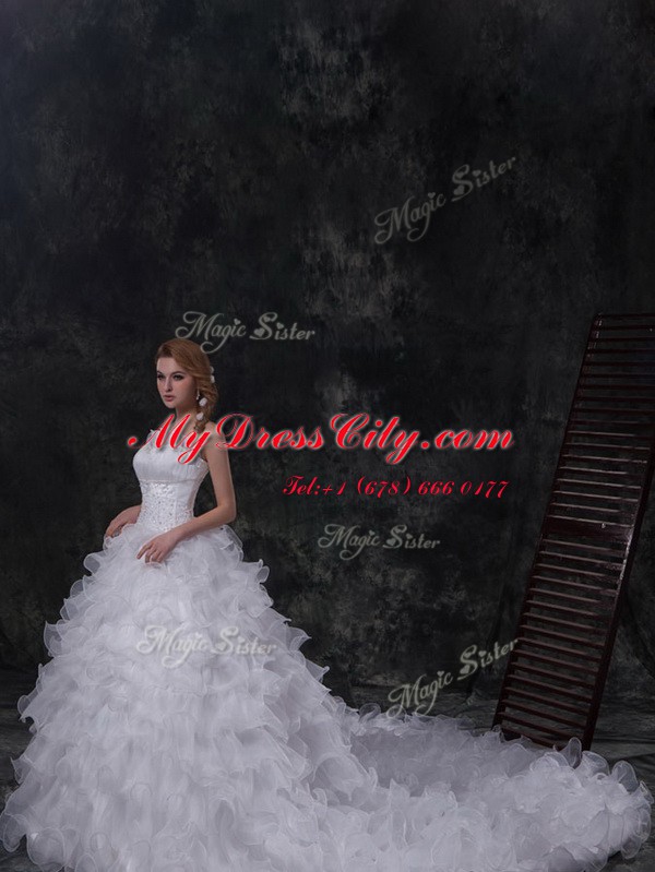 Chapel Train Ball Gowns Bridal Gown White Scoop Organza Sleeveless Lace Up