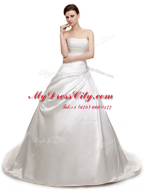 Adorable Sleeveless Court Train Lace Up With Train Ruching Wedding Gown