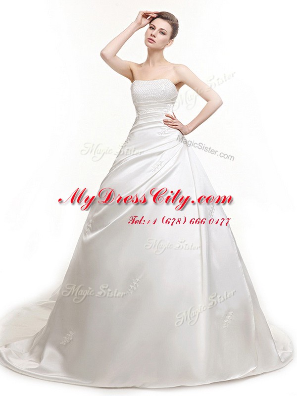 Adorable Sleeveless Court Train Lace Up With Train Ruching Wedding Gown