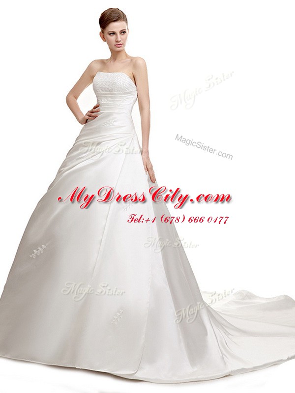 Adorable Sleeveless Court Train Lace Up With Train Ruching Wedding Gown