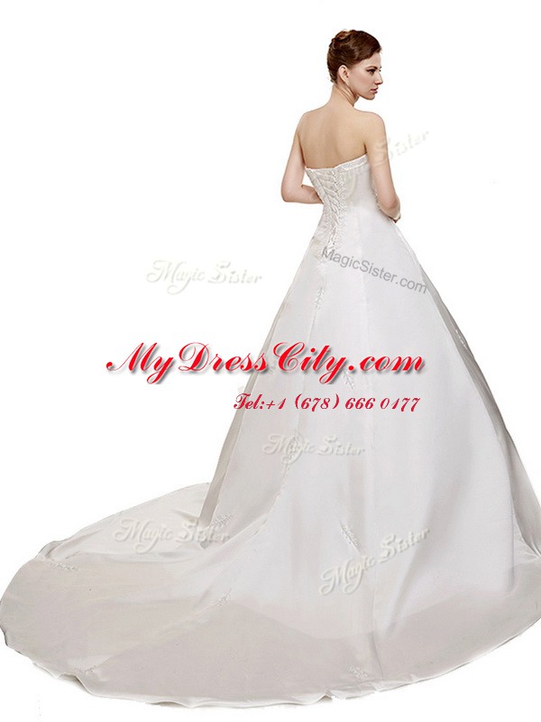 Adorable Sleeveless Court Train Lace Up With Train Ruching Wedding Gown