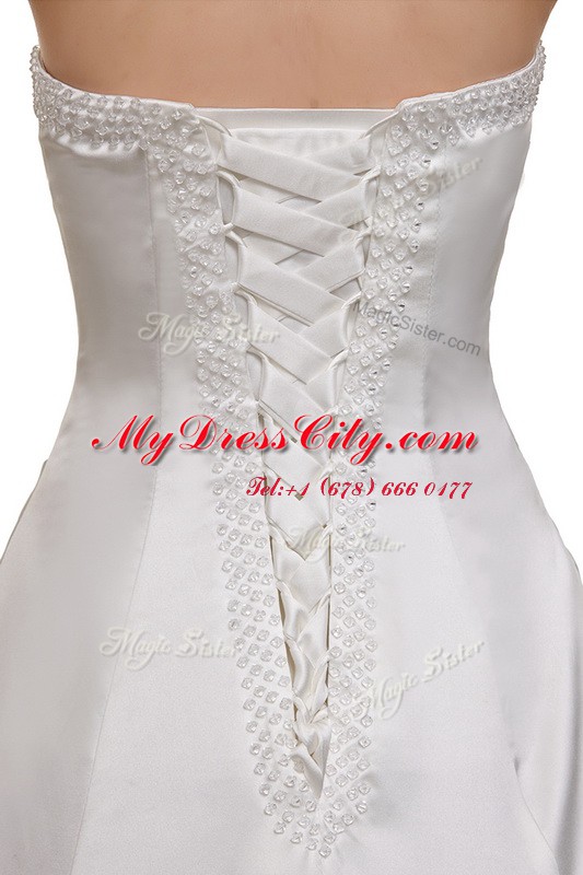 Adorable Sleeveless Court Train Lace Up With Train Ruching Wedding Gown