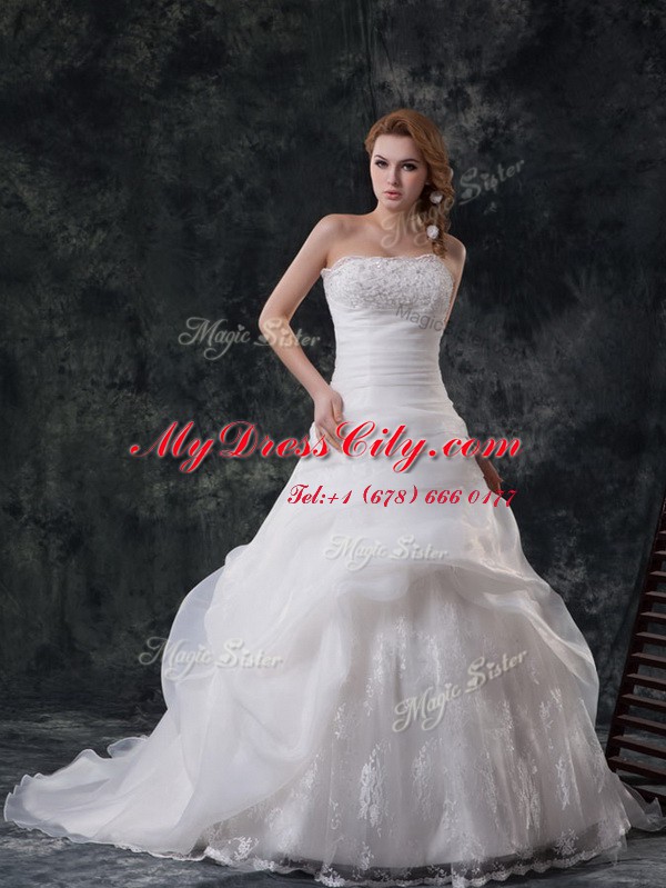 Fitting White Organza Zipper Wedding Dresses Sleeveless With Brush Train Beading and Appliques and Ruching and Pick Ups