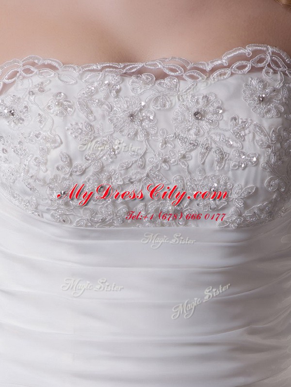 Fitting White Organza Zipper Wedding Dresses Sleeveless With Brush Train Beading and Appliques and Ruching and Pick Ups