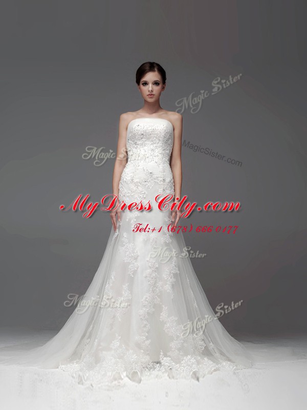 Tulle and Lace Sleeveless Wedding Gown Brush Train and Lace