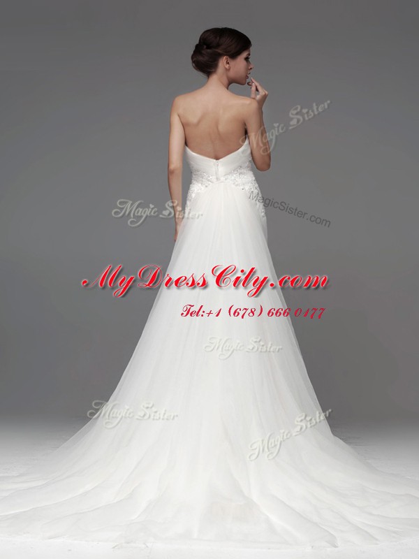 Tulle and Lace Sleeveless Wedding Gown Brush Train and Lace