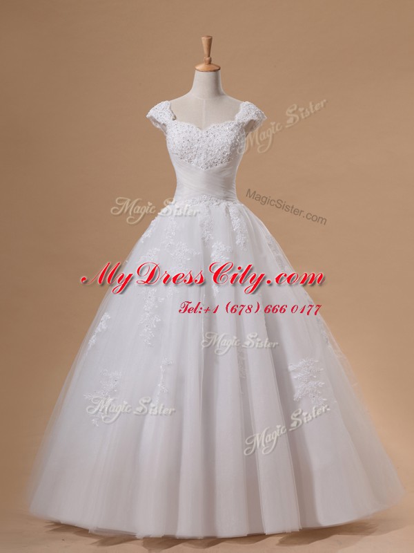 Custom Designed White A-line Tulle Sweetheart Cap Sleeves Lace and Appliques and Sequins Floor Length Lace Up Bridal Gown