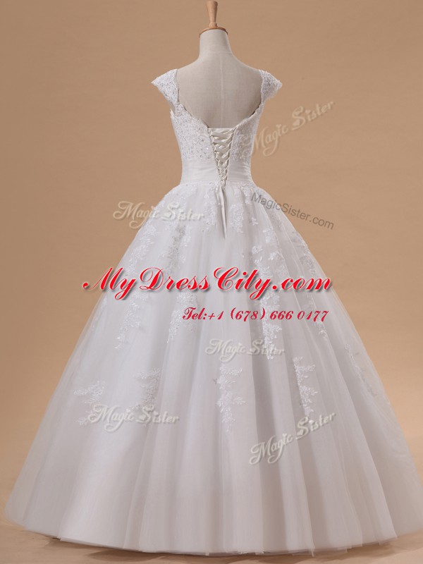 Custom Designed White A-line Tulle Sweetheart Cap Sleeves Lace and Appliques and Sequins Floor Length Lace Up Bridal Gown