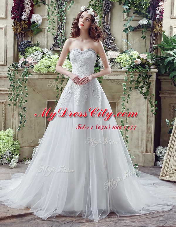 Clearance Beading and Lace and Appliques Bridal Gown White Lace Up Sleeveless Court Train