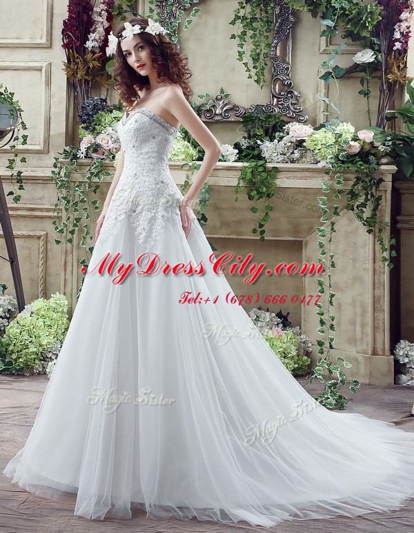 Clearance Beading and Lace and Appliques Bridal Gown White Lace Up Sleeveless Court Train