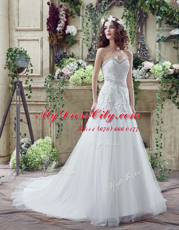 Clearance Beading and Lace and Appliques Bridal Gown White Lace Up Sleeveless Court Train