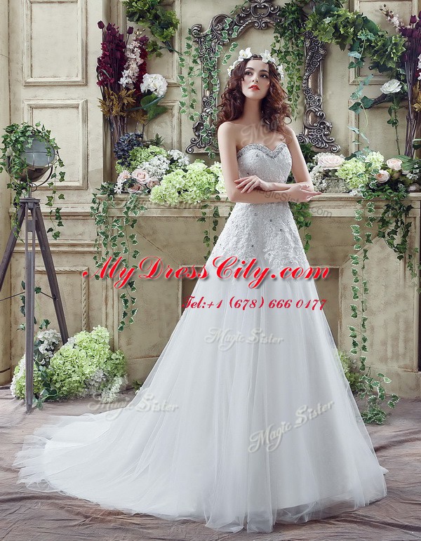 Clearance Beading and Lace and Appliques Bridal Gown White Lace Up Sleeveless Court Train