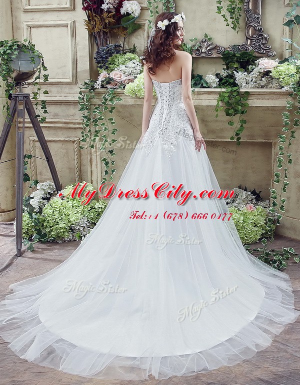 Clearance Beading and Lace and Appliques Bridal Gown White Lace Up Sleeveless Court Train