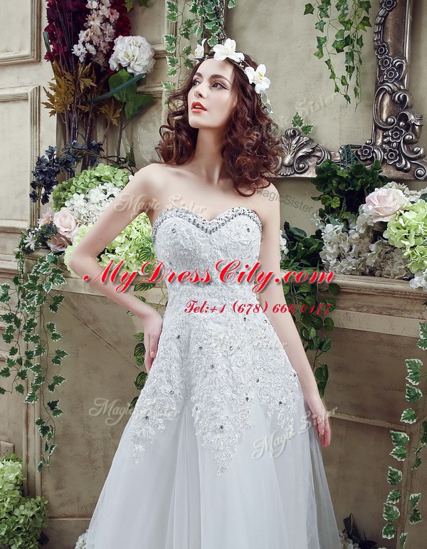 Clearance Beading and Lace and Appliques Bridal Gown White Lace Up Sleeveless Court Train