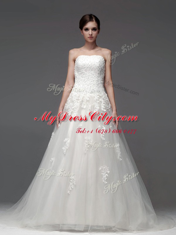 Glorious Sleeveless Appliques Lace Up Wedding Dress with White Brush Train