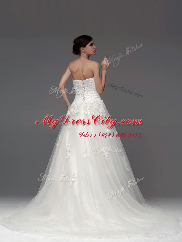 Glorious Sleeveless Appliques Lace Up Wedding Dress with White Brush Train