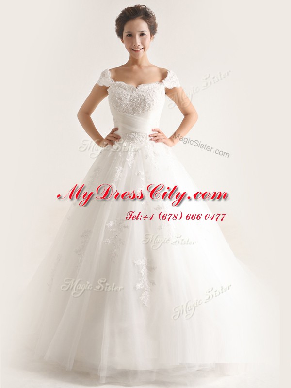 Customized Brush Train A-line Bridal Gown White Sweetheart Tulle Cap Sleeves With Train Lace Up