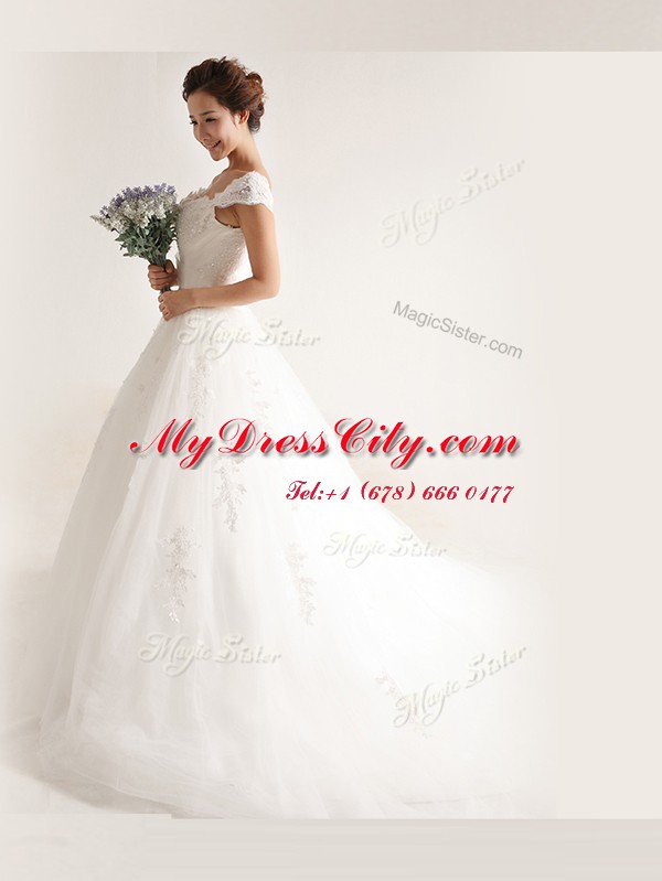 Customized Brush Train A-line Bridal Gown White Sweetheart Tulle Cap Sleeves With Train Lace Up