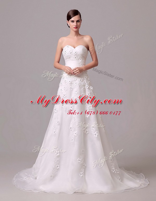 Amazing Appliques and Hand Made Flower Wedding Dresses White Lace Up Sleeveless With Brush Train