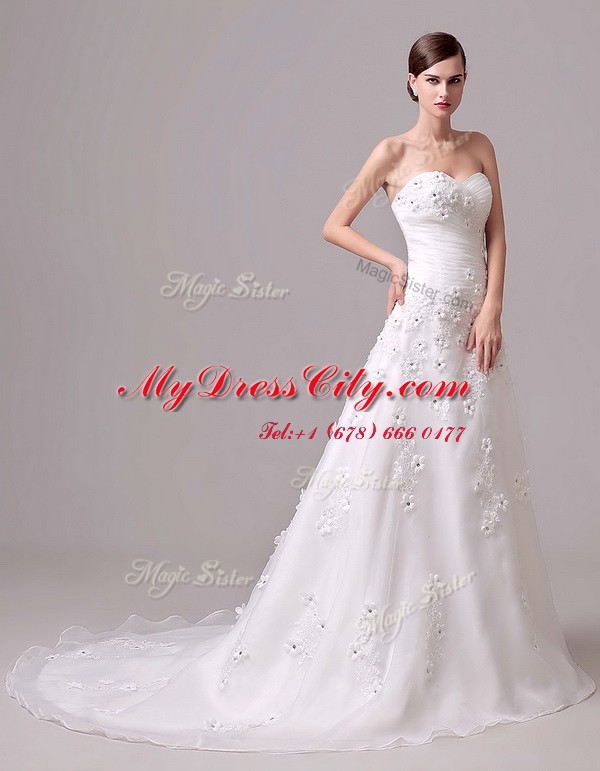 Amazing Appliques and Hand Made Flower Wedding Dresses White Lace Up Sleeveless With Brush Train