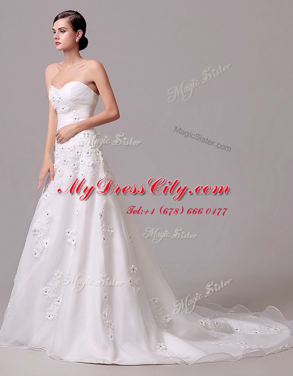 Amazing Appliques and Hand Made Flower Wedding Dresses White Lace Up Sleeveless With Brush Train