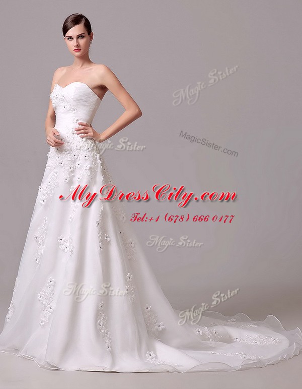 Amazing Appliques and Hand Made Flower Wedding Dresses White Lace Up Sleeveless With Brush Train