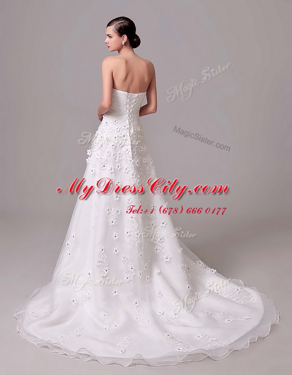 Amazing Appliques and Hand Made Flower Wedding Dresses White Lace Up Sleeveless With Brush Train