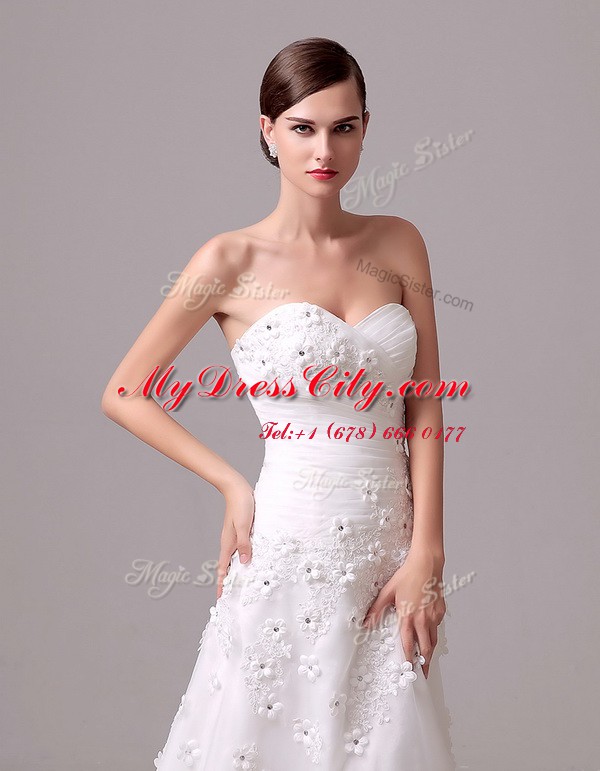 Amazing Appliques and Hand Made Flower Wedding Dresses White Lace Up Sleeveless With Brush Train