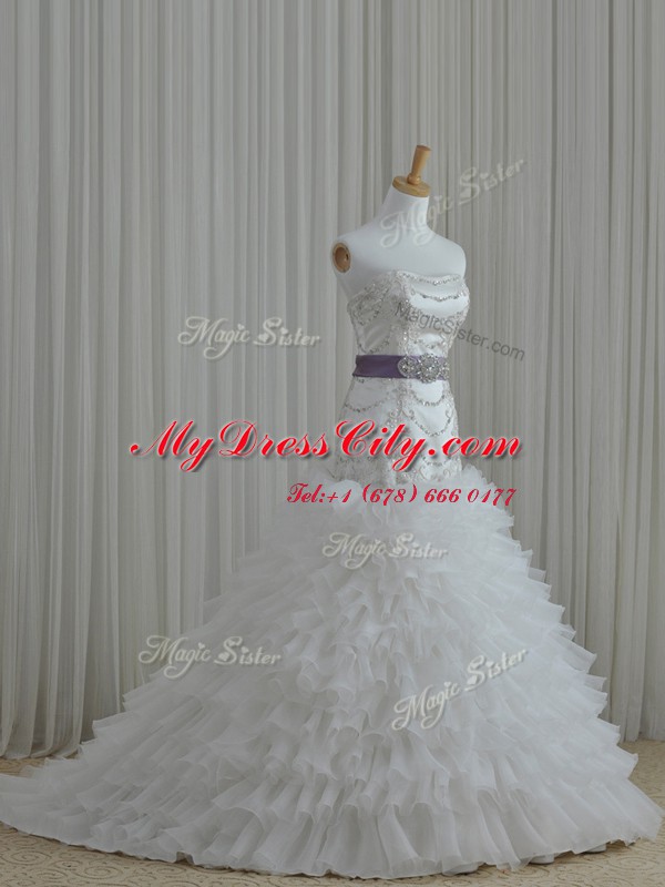 Suitable Sleeveless Beading and Ruffles and Belt Lace Up Wedding Gowns