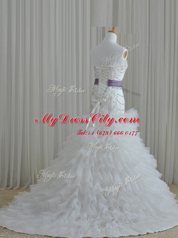 Suitable Sleeveless Beading and Ruffles and Belt Lace Up Wedding Gowns