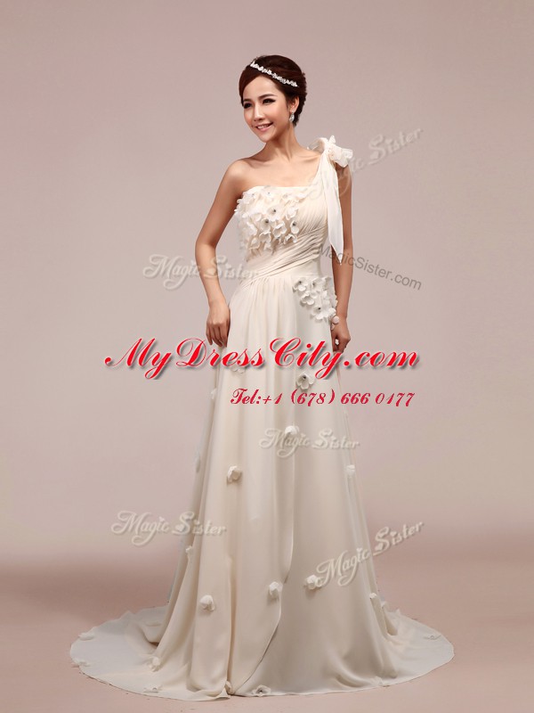 Cheap One Shoulder Sleeveless With Train Ruching and Hand Made Flower Lace Up Wedding Gown with White Brush Train